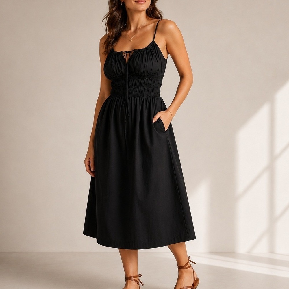 Quince Organic Cotton Keyhole Midi Dress Pockets Smocked Black Small NWT FLAW